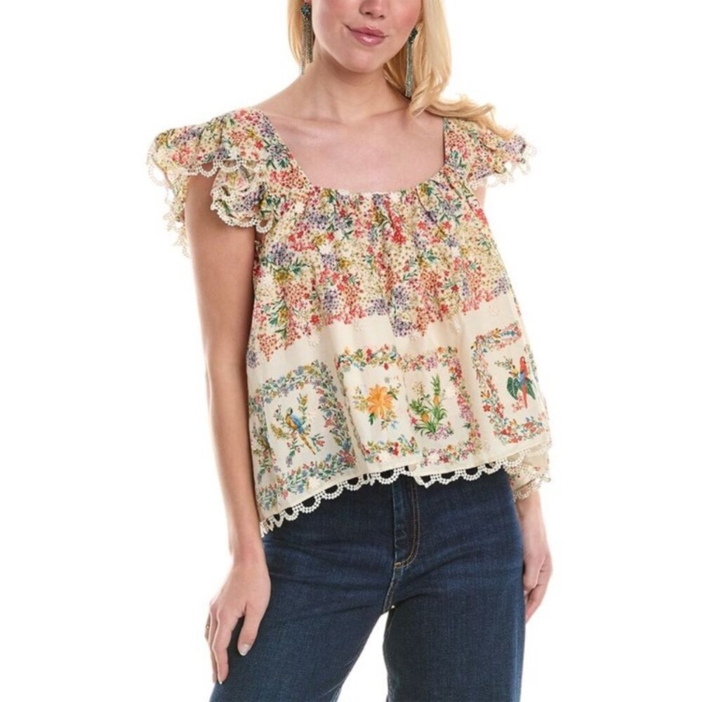 FARM Rio Cream Floral Square-Neck Ruffle Blouse